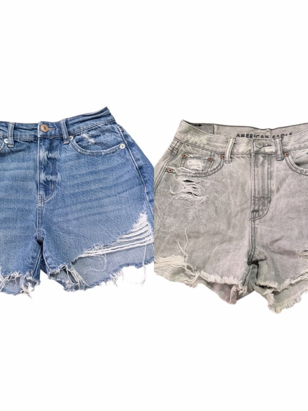 American Eagle Bundle Two-Pack Distressed Denim Shorts in Blue and Gray